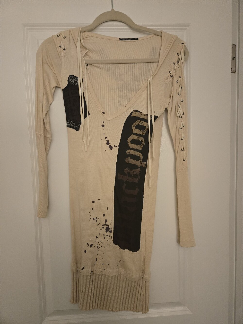 Salvage Beige Long-Sleeve V-Neck Graphic Knit Dress with Lace-Up Shoulders